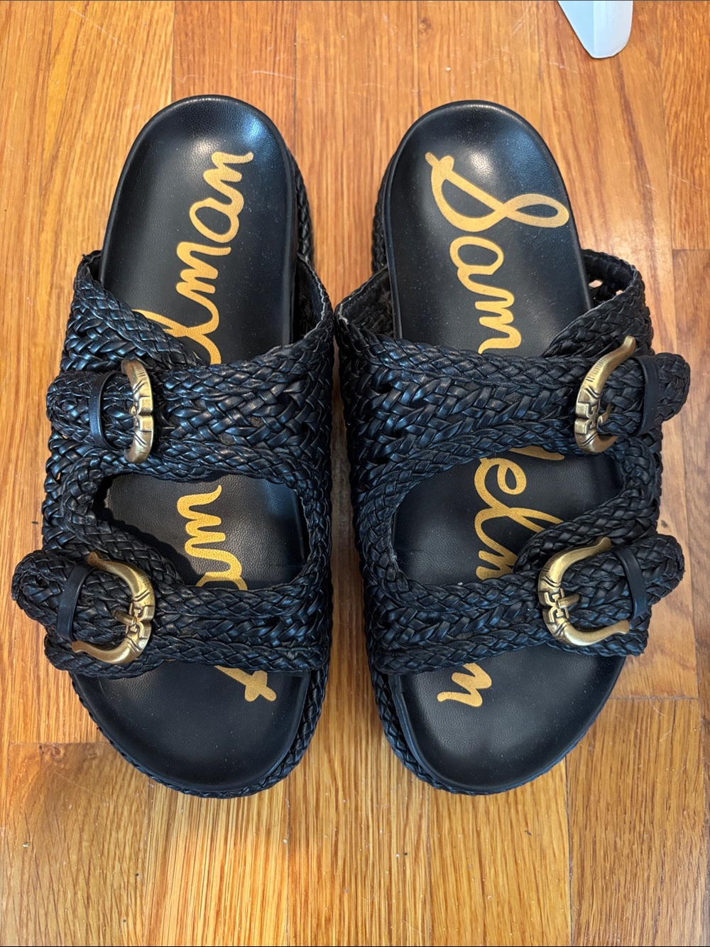 Sam Edelman Black Braided Double-Buckle Slide Sandals with Gold Buckles